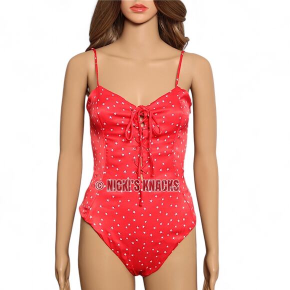 Zara Red Satin Star Bodysuit Y2K Lace Up Corset Tank Snap Bottom Top Size S - Picture 8 of 12